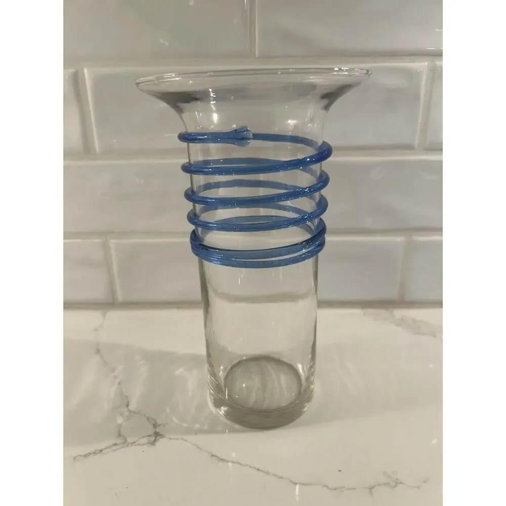 Vintage vase Applied Blue Swirl‎ on Clear Glass Vase 8.75” Art Glass